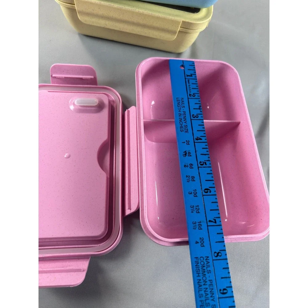 3pc Box Set Pastel Pink Blue Yellow Divided Lunch Containers‎ missing utensils